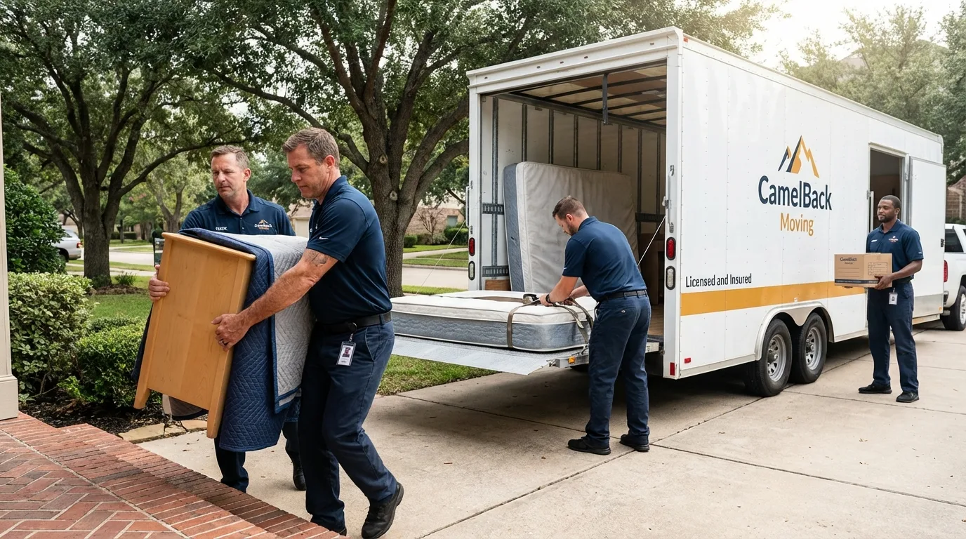 Crew loading residential truck for cross-state move from Crane, TX