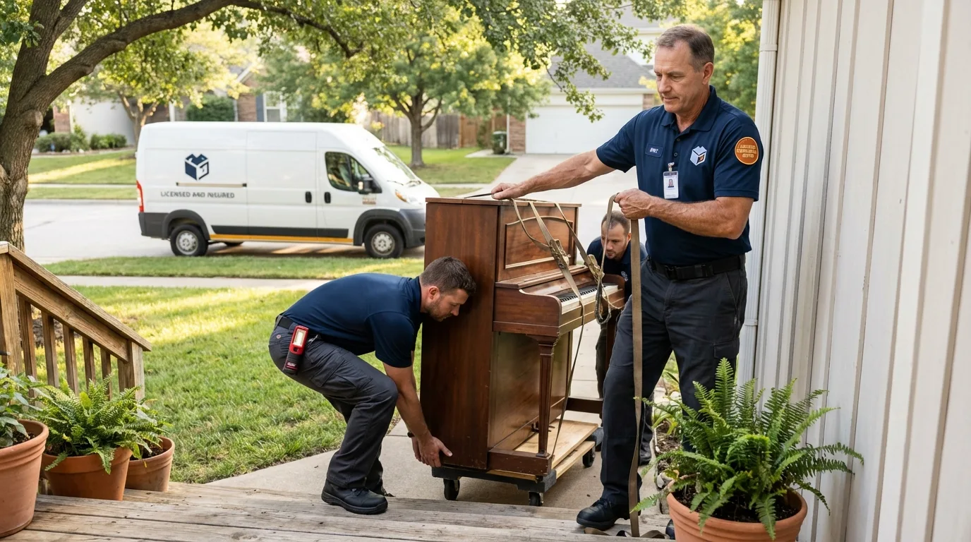Licensed piano movers securing grand piano in Crane, TX