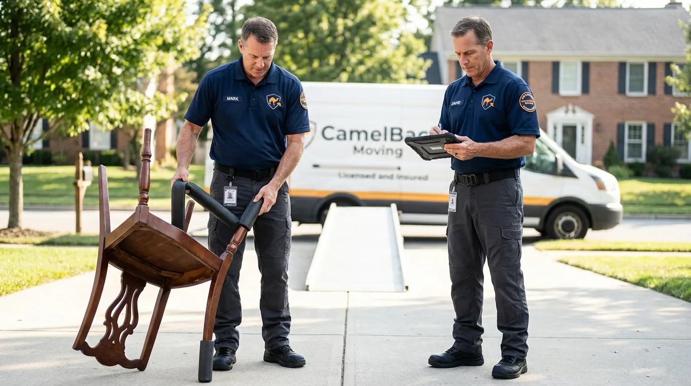 Movers inspecting furniture for damage prevention before loading in Crane, TX